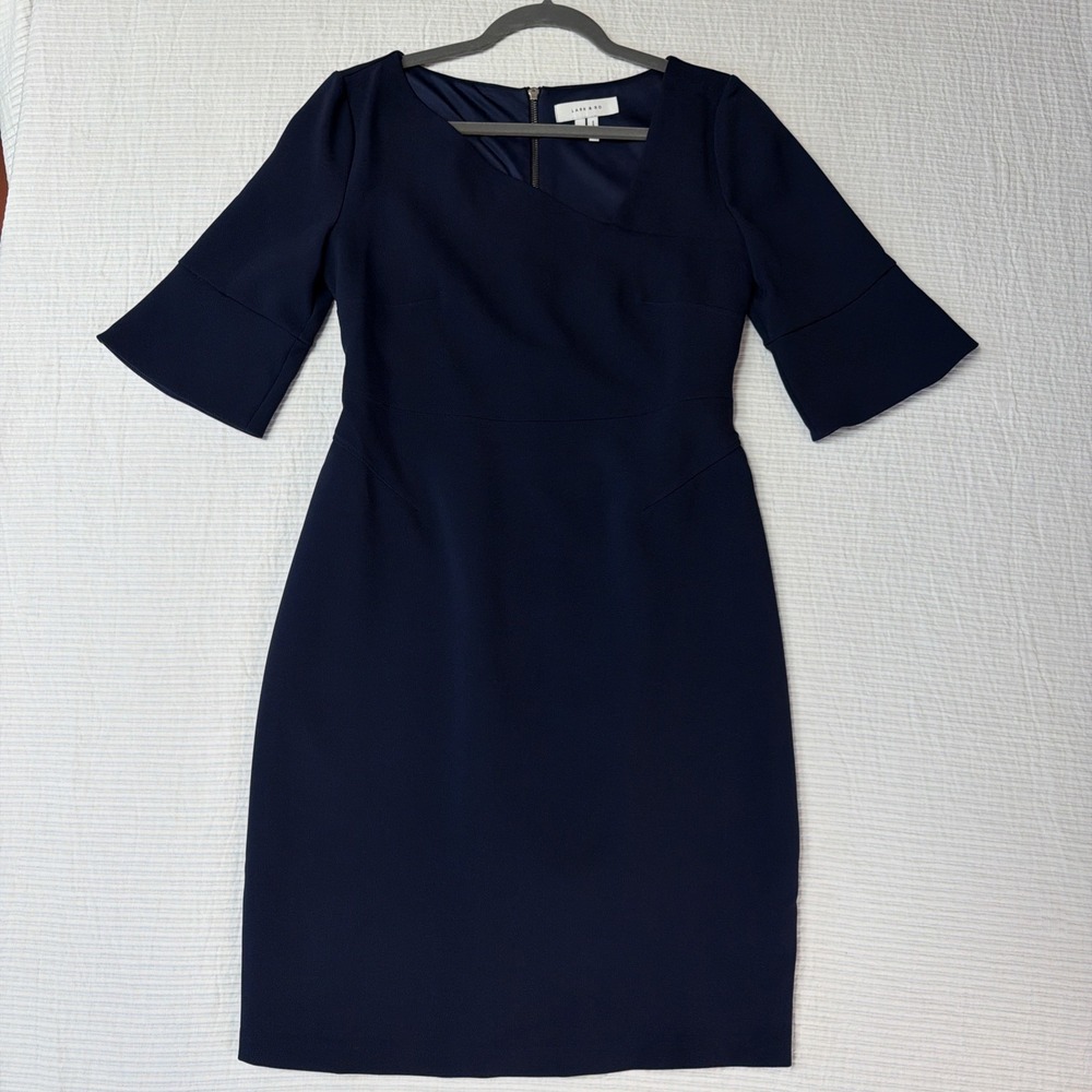 Lark &Ro Women 3/4 Sleeve Knee High Dress Navy Blue Size 8 Asymmetrical Neck